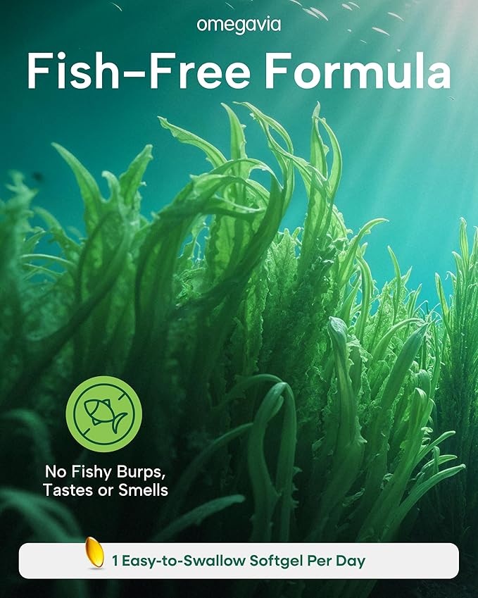 OmegaVia Vegan Omega 3 Supplement Algae Omega 3 Fish Oil Alternative 300mg Vegan DHA Fatty Acids Plant Based Planet and Ocean Friendly IAOS 5 Star Tested 60 Softgels