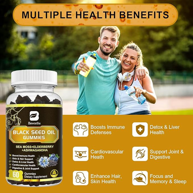 Black Seed Oil &amp Sea Moss Gummies 2Pack Irish Sea Moss Gummies with Black Seed Oil Ashwagandha Extract Elderberry Turmeric Vitamin C Vitamin D3 - Immune Support Joints Digestion Hair &amp