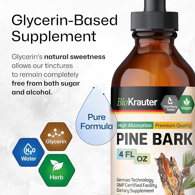 BIO KRAUTER® Pine Bark Extract for Circulatory &amp Antioxidant Support - Vegan French Maritime Pine Bark Herbal Supplements - Natural Antioxidants &amp Skin Support - 400 mg per Serving 4 Fl. Oz.