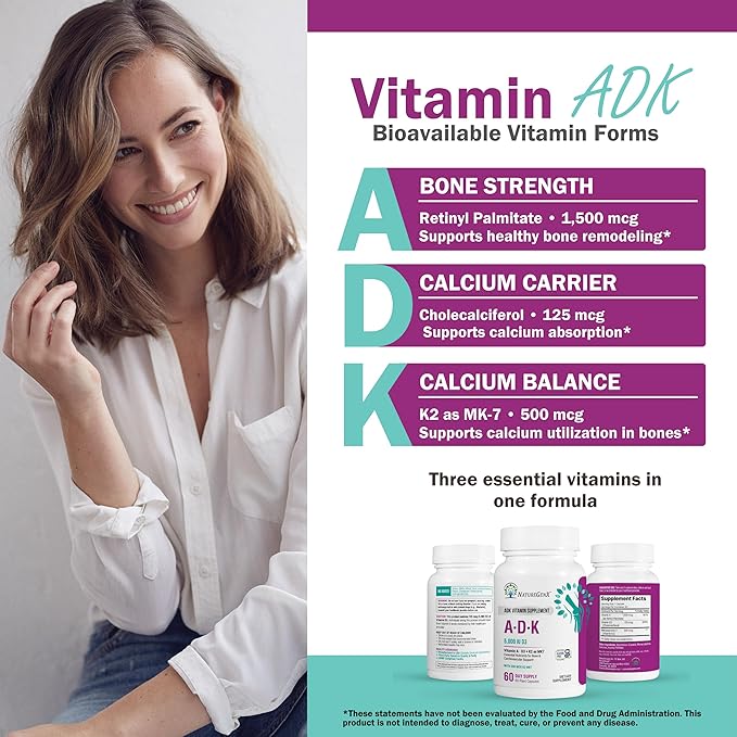 NatureGenX ADK Vitamin Supplement – Vitamins A D3 &amp K2 MK-7 for Bone Health &amp Calcium Absorption – Gluten-Free Non-GMO Soy-Free – 60 Capsules (2-Month Supply)