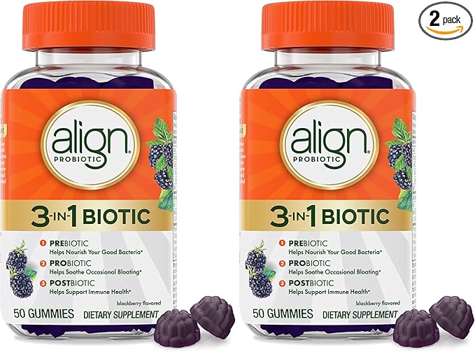 Align Probiotic3-in-1 Biotic GummiesPre + Pro + Postbiotic#1 Doctor Recommended-Probiotic Brand‡Helps Relieve Occasional Bloating*BlackBerry Flavor50 Gummies(Pack of 2)