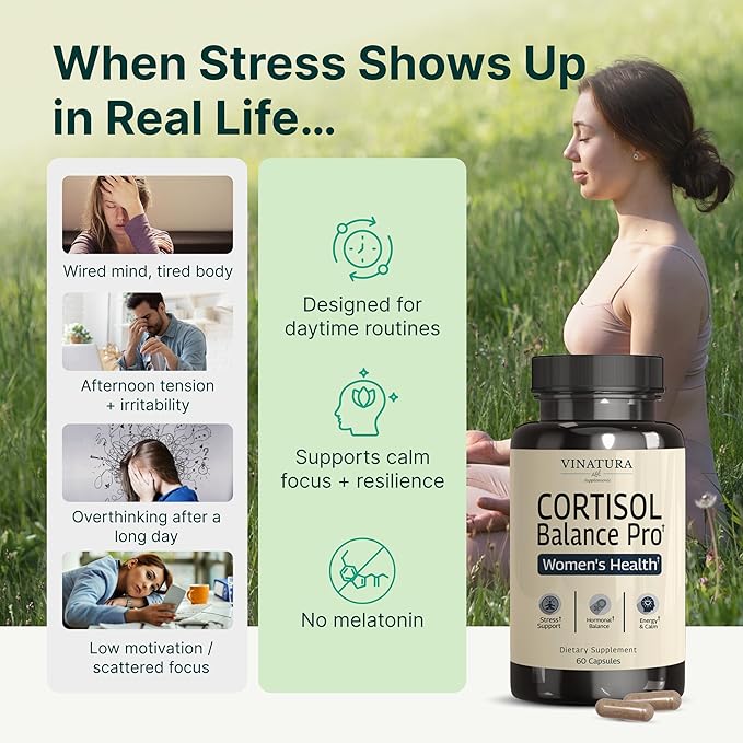 VINATURA Cortisol Supplements for Women - Cortisol Detox and Management - Adrenal Support Stress Support 60 Vegan Capsules