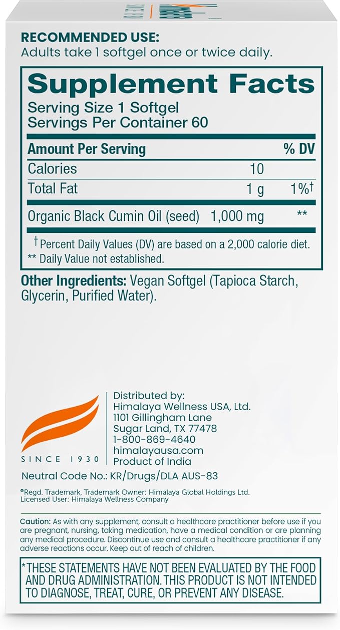 Himalaya Black Seed Oil Softgels Cold-Pressed &amp Unrefined Black Seed Oil for Wellness Non-GMO Vegan Gluten-Free No Additives 1000 mg Per Serving 60 Softgels