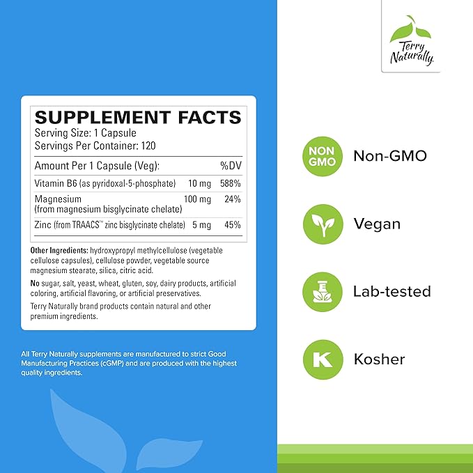 Terry Naturally BioActive Magnesium Complex - Bone &amp Heart Health Support - Supplement with Vitamin B6 Zinc &amp Magnesium - Pyridoxal-5-Phosphate Vegan Capsule Supplement - 120 Capsules