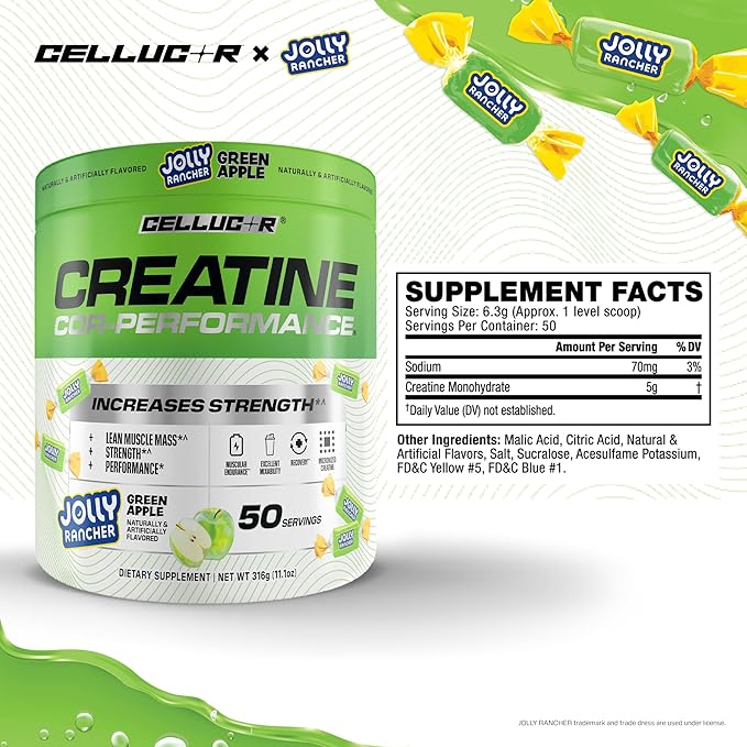 Cellucor Creatine Powder Jolly Rancher Green Apple - Increases Strength Lean Muscle Mass &amp Endurance Micronized Creatine for Fast Absorption 5g Creatine per Serving 50 Servings