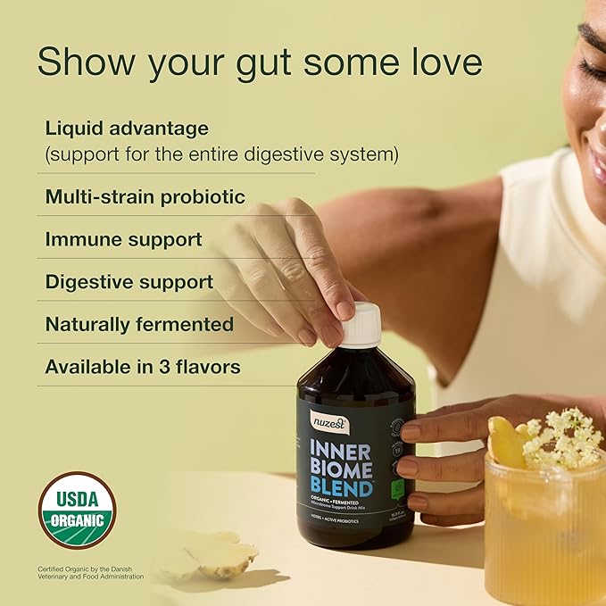 Nuzest - Inner Biome Blend – Prebiotic Probiotic &amp Postbiotic Liquid Drink Mix – Microbiome Support – 8 Microbiotic Cultures 19 Fermented Herbs - Vegan - Organic - Berry Flavour - 16.9 fl.oz/ 50