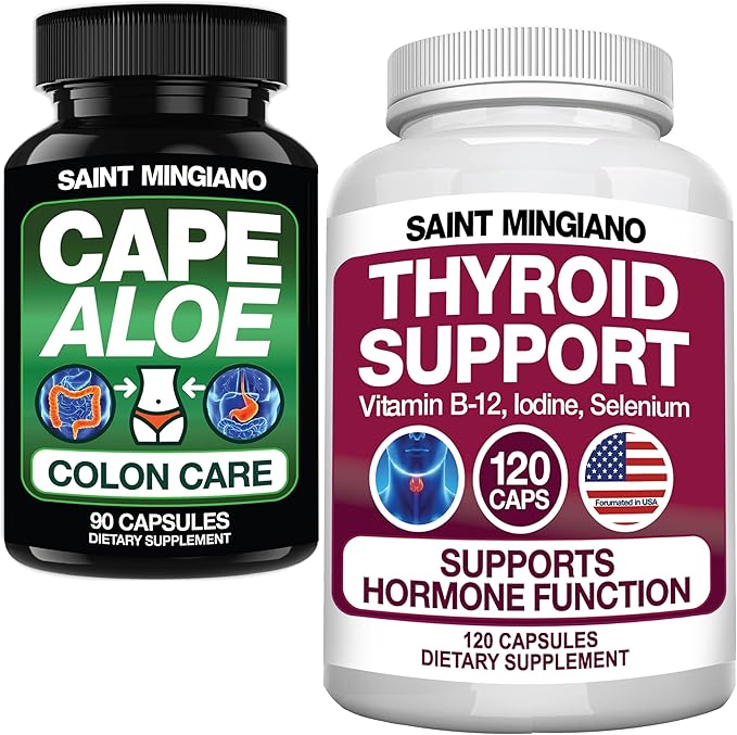 Thyroid Support Supplement with Iodine120 Capsules - with - Aloe Vera Capsules - Colon Cleanse Detox &amp Flush 90 Capsules