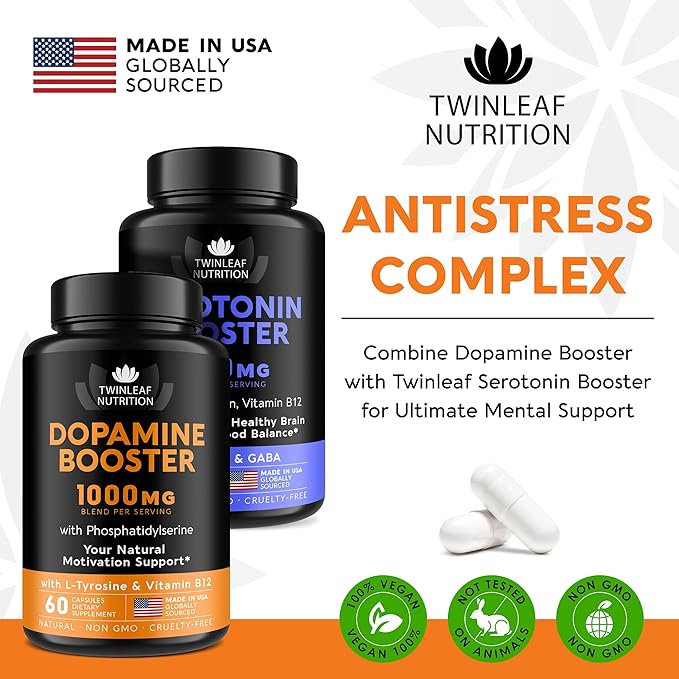 TWINLEAF NUTRITION Dopamine Brain Support Supplement 1000 mg Blend - Made in USA - with DMAE Vitamin B12 and L-Tyrosine - Enhance Mental Well-Being - 60 Capsules