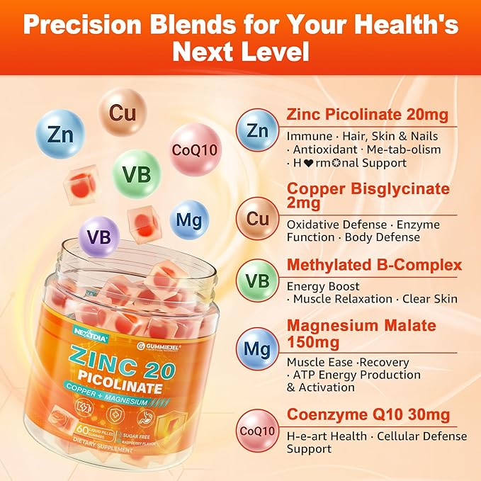 Zinc Picolinate Gummies + Copper Magnesium Methylated B Complex CoQ10 for Women Men High Absorption Chelated Zinc Copper Bisglycinate Supplements Immune Support Gummy - Sugar Free Vegan 120ct