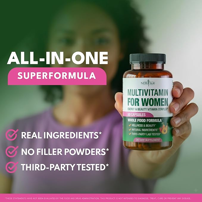 NEW AGE Multivitamin for Women - B-Complex Whole Foods Hair Support Iron - All in1 Womens Multivitamin - Bioavailable &amp Gentle on Stomach - Made in USA - 120 Count