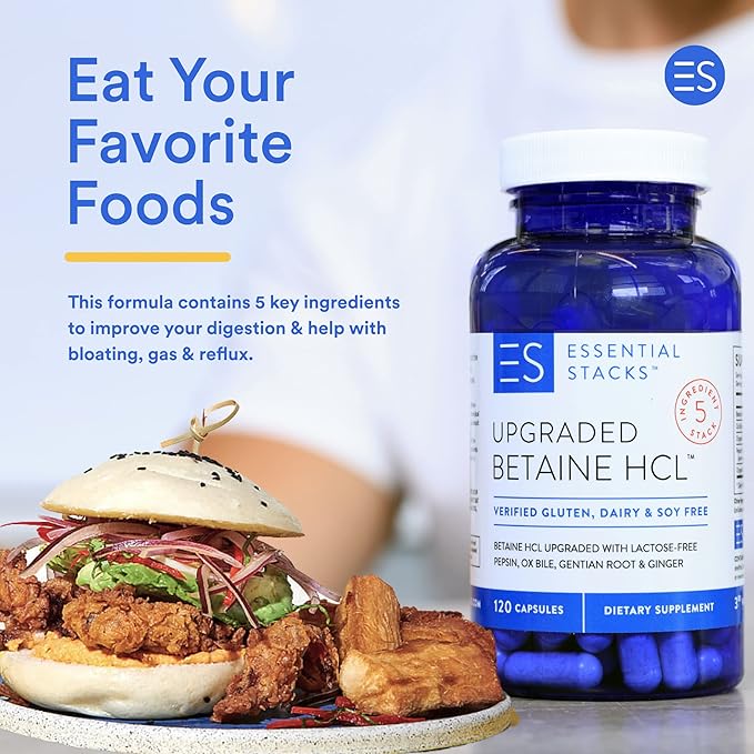 Essential Stacks Beat Bloating Bundle - Digestive Enzymes (60 ct) &amp Betaine HCL with Pepsin (120 ct)