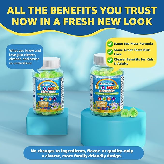 Sea Moss + Elderberry Gummies for Kids &amp Adults 19-IN-1 Super Food with Spirulina Algae Omega 3 Algae Calcium Ashwagandha Mushroom Vitamins D3 C for Immune Gut Bone Energy BrainVegan 6