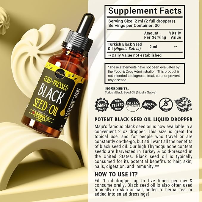 Maju Superfoods Black Seed Oil - 3 Times TQ Cold-Pressed Travel Size 100% Turkish Black Cumin Seed Oil Liquid Pure Blackseed Glass Bottle 2 Oz