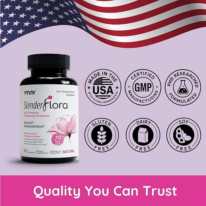 SlenderFlora - Menopause Probiotic Supplement | Weight Management Hot Flashes Night Sweats Bloating | 70 Billion CFU | Gluten Soy &amp Dairy Free | 60 Count