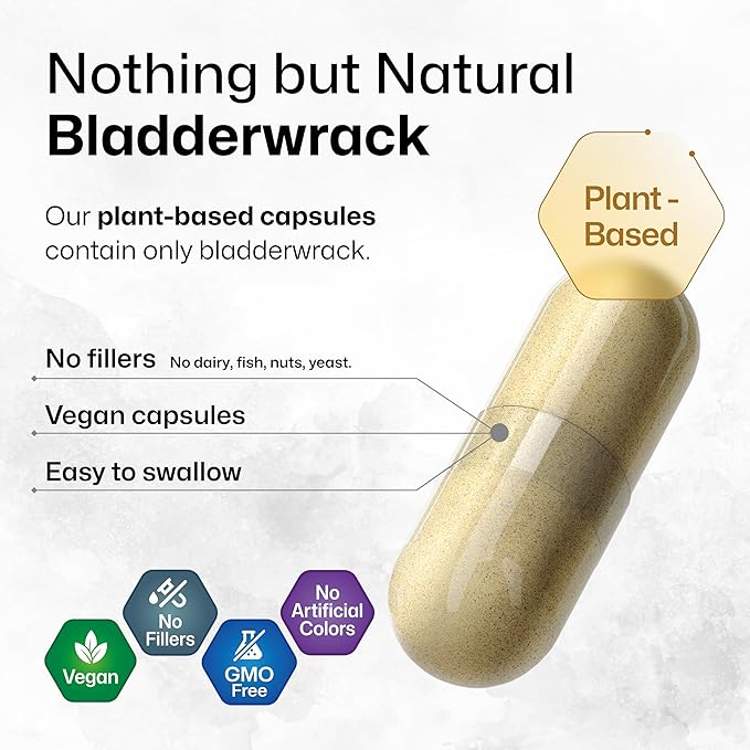 BIO KRAUTER® Bladderwrack for Thyroid Support - Vegan Iodine Supplement 1200 mg per Serving - Bladderwrack 100 Capsules 50 Days of Supply Non-GMO - Natural Seaweed Supplement