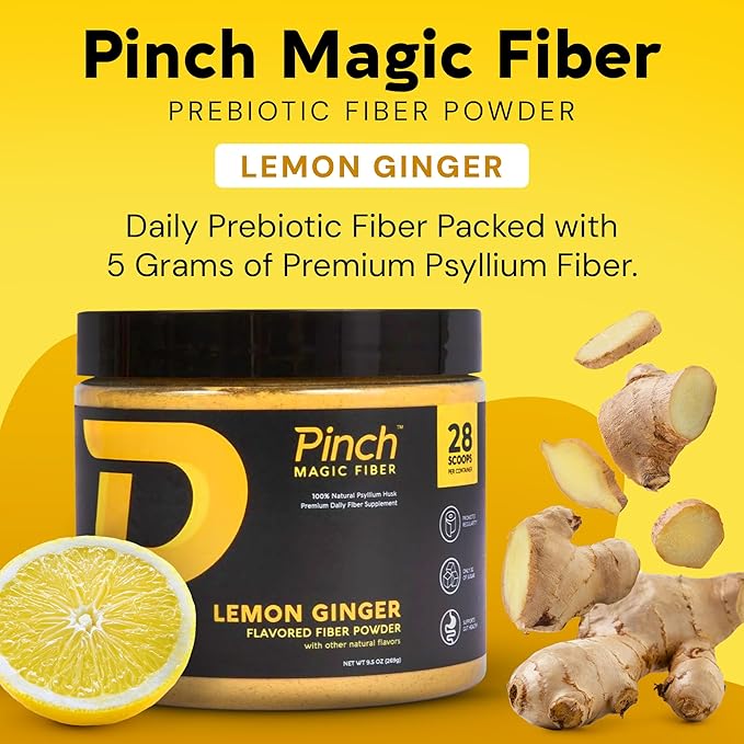 Pinch Magic Sugar Free Fiber Powder – Light Lemon Ginger Psyllium Husk with Bromelain &amp Vitamins C &amp D – Vegan Gluten-Free Clean Label USA-Made GMP-Certified – 28-Day Supply
