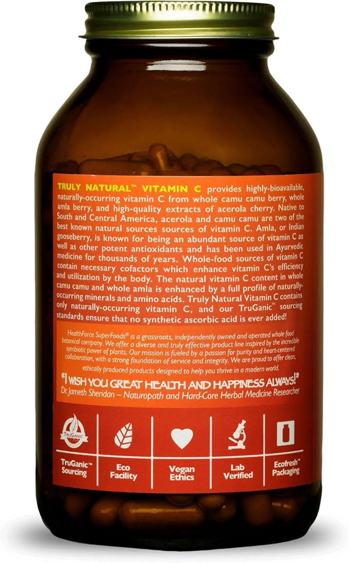 HEALTHFORCE SUPERFOODS Truly Natural Vitamin C - Immune Support Supplement with Camu Camu Berry - Vitamin C Supplement for Immune Health - Vegan Non-GMO - 240 Vegan Caps 30 Servings