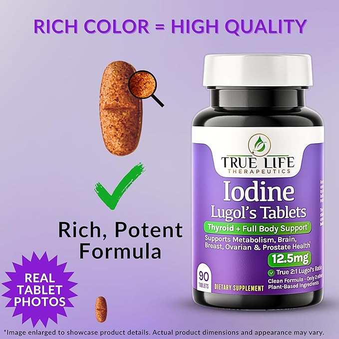 Lugol's Iodine Tablets 12.5mg x 90 ct - Reddish Brown Stable Iodine + Potassium Iodide Formula Masks Bitter Liquid Taste Thyroid Support Detox Breast Health - No Preservative Non-GMO Gluten-free