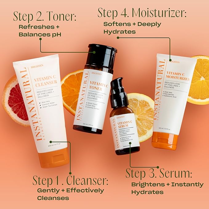 InstaNatural Vitamin C Face Serum with Hyaluronic Acid &amp Ferulic Acid | Brightening &amp Hydrating Formula for Radiant Smooth-Looking Skin - 2 FL Oz