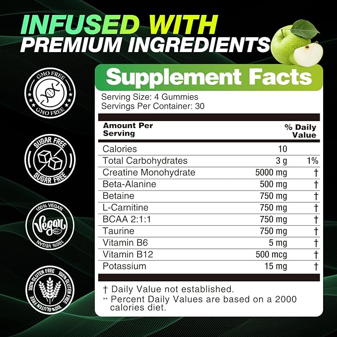 Creatine Monohydrate Gummies 8500MG for Men &amp Women - Creatine Gummies Sugar Free Pre Workout Promote Muscle Growth Boost Strength &amp Energy 120 Count Green Apple