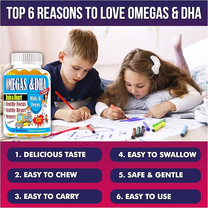 Kids Omega 3 Gummies with DHA &amp EPA – Omega 3 Supplement for Kids &amp Teens Supports Brain Focus &amp Memory Eye Health Great Taste Non-GMO 60 Count
