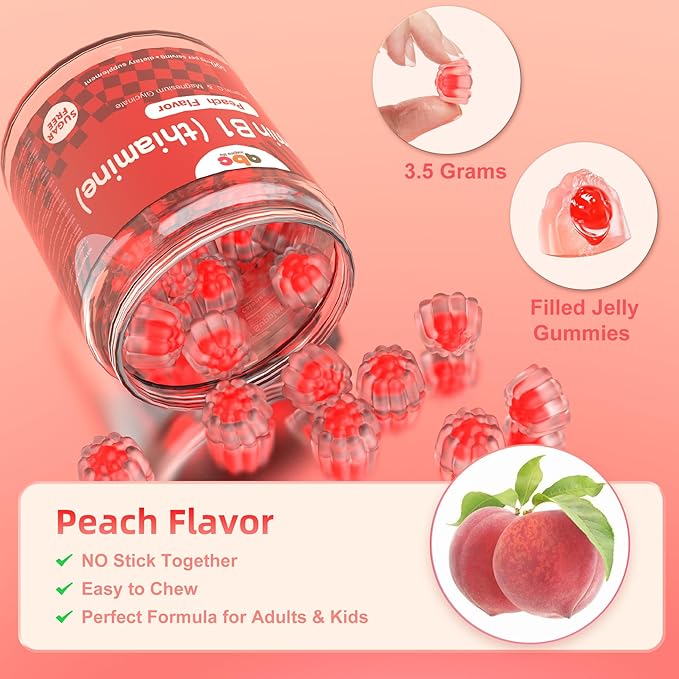 Vitamin B1 Gummies 300mg for Adults &amp KidsChewable Thiamine B1 Supplement with 150mg MagnesiumNervous System Healthy EnergyNatural Peach FlavorNon GMOVegan 60 Count Sugar-Free 1-Month Supply