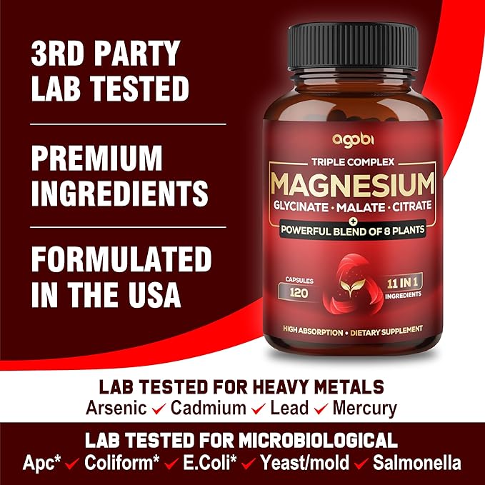 Magnesium Triple Complex - 600mg Magnesium Glycinate Malate &amp Citrate - Added Spinach Swiss Chard &amp Others - Support Calm Restful Mood &amp Muscle Cramp - 120 Capsules