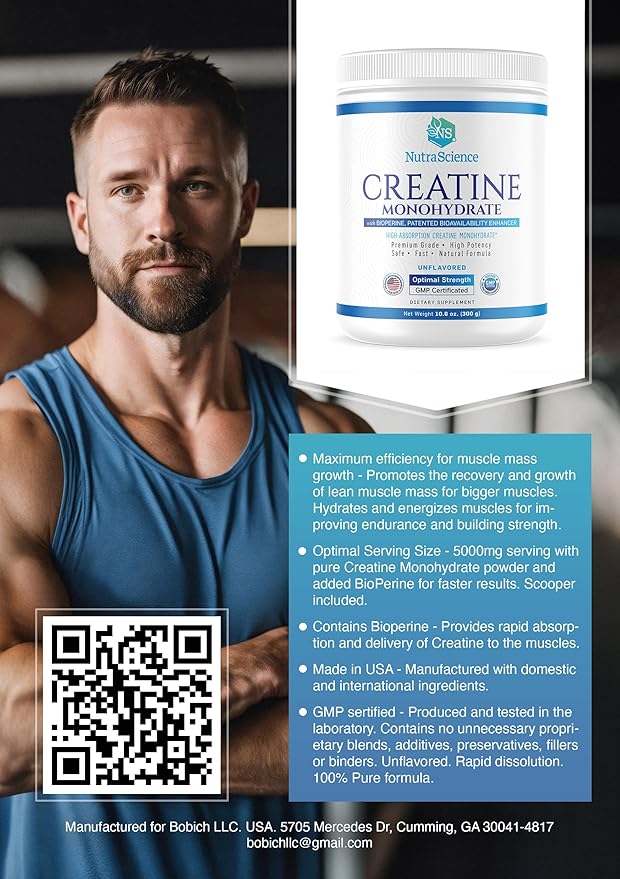 NutraScience Creatine Monohydrate Powder with BioPerine Supports Lean Muscle Growth and Recovery 60 Servings 5000mg Per Serving Unflavored GMP sertified Vegan Friendly Non GMO