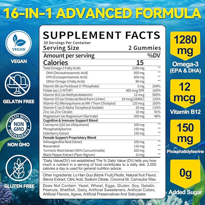 Women’s Omega-3 Gummies Supplement: 1280mg Vegan Sugar Free Omega Fatty Acid DHA EPA with Vitamin D3 Coq10 Magnesium for Focus Health Support - Fish Oil Alternative for Women Adults(120Count)