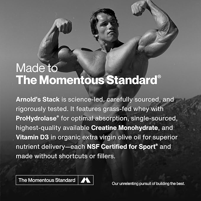 Momentous Arnold's Stack - Creatine Monohydrate Powder Essential Grass-Fed Whey Protein Powder (Chocolate) &amp Vitamin D3 (2000 IU) - Daily Fundamentals to Support Muscle Strength &amp Longevity