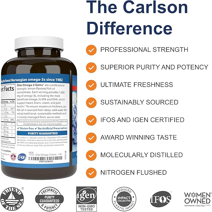 Carlson - Elite Omega-3 Gems 1600 mg Omega-3 Fatty Acids Including EPA and DHA Norwegian Wild-Caught Fish Oil Supplement Sustainably Sourced Omega 3 Fish Oil Capsules Lemon 130 Softgels