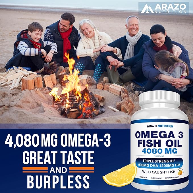 Arazo Nutrition Wild Caught Omega-3 Fish Oil Concentrate – 4080mg per Serving – High EPA 1200mg &amp DHA 900mg – 90 Burpless Lemon Softgels
