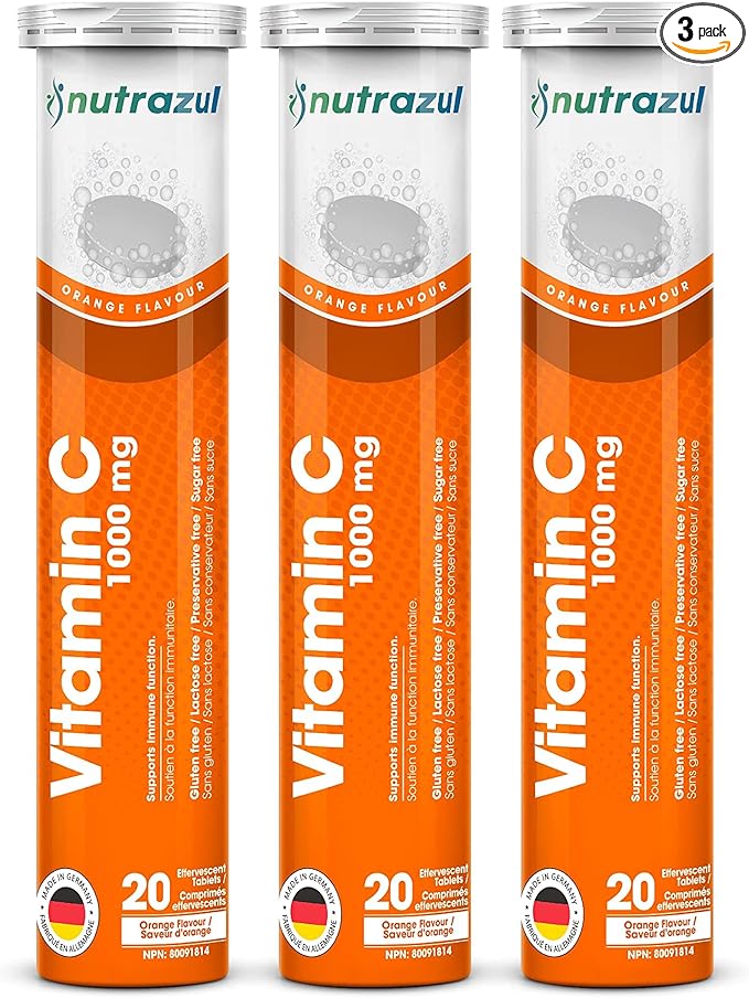 nutrazul Vitamin C 1000mg Effervescent Tablets VIT C Supplement to Help Maintain Immune Function Gluten-Free Lactose-Free Sugar-Free Preservative-Free Orange Flavor 20 Count Pack of 3