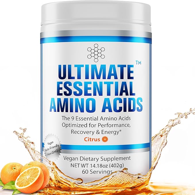 Ultimate 100% Essential Amino Acids Powder [Citrus Flavor 60 (5g) Servings] BCAA Plus L-Lysine L-Threonine L-Phenylalanine L-Methionine L-Histidine &amp L-Tryptophan Nutritional Supplement