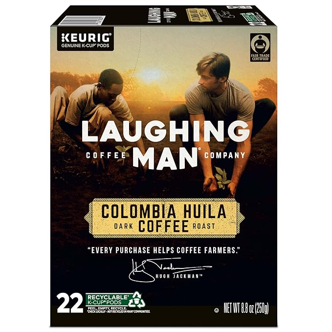Laughing Man Colombia Huila Coffee Keurig Single Serve K-Cup Pods Dark Roast 88 Count (4 Packs of 22)