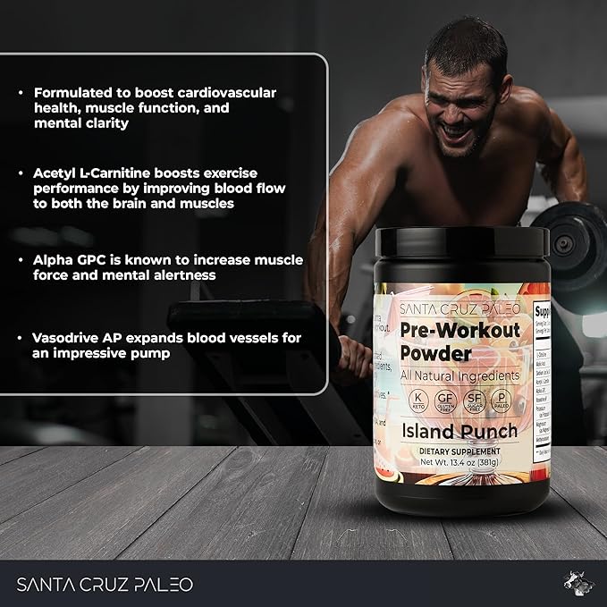 Santa Cruz Paleo Pre Workout Powder Electrolytes Magnesium Potassium Sea Salt &amp L Citrulline Caffeine &amp Sugar Free Preworkout Drink Mix for Energy &amp Hydration Island Punch Flavor 30