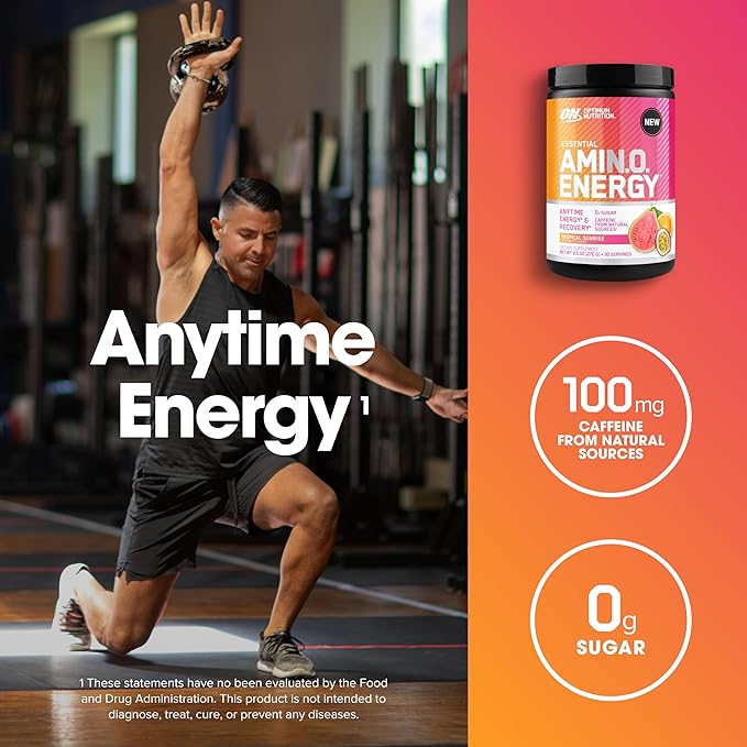 Optimum Nutrition Amino Energy - Pre Workout with Green Tea BCAA Amino Acids Keto Friendly Green Coffee Extract Energy Powder - Tropical Sunrise 9.5 Ounce 30 Servings (Packaging May Vary)