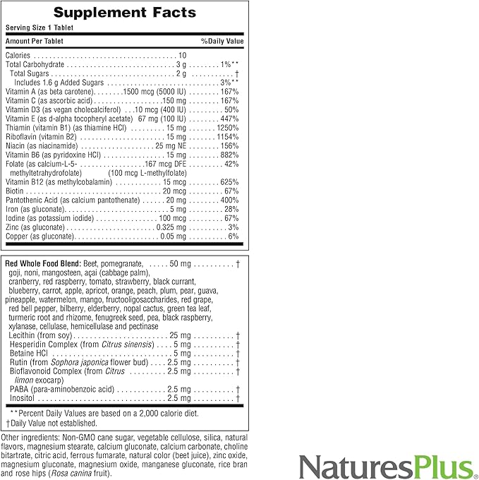 NaturesPlus Adult's Chewable - 60 Tablets Exotic Red Berry Flavor - Multivitamin &amp Mineral - Vegetarian Gluten Free - 60 Servings