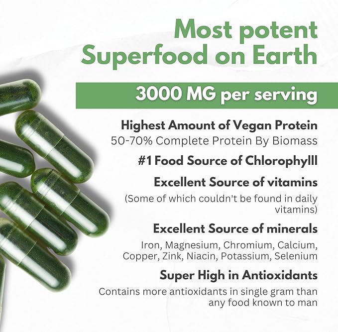 Spirulina Powder Capsules 3000 mg - Purest Non-Irradiated Blue Green Algae - Best Raw Vegan Protein - Green Superfood - Natural Multivitamins – 180 Pills Made in The USA