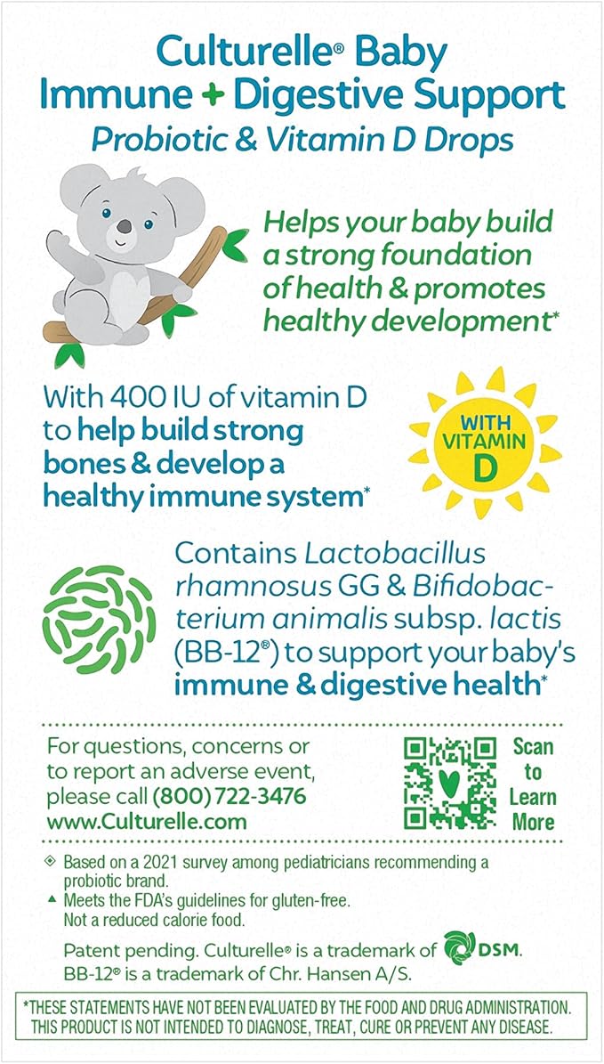 Culturelle Baby Probiotic Drops + Vitamin D Immune &amp Digestive Health Support for Babies Infants &amp Newborns 0-12 Months 30 Day Supply Gluten Free &amp Non-GMO 9ml