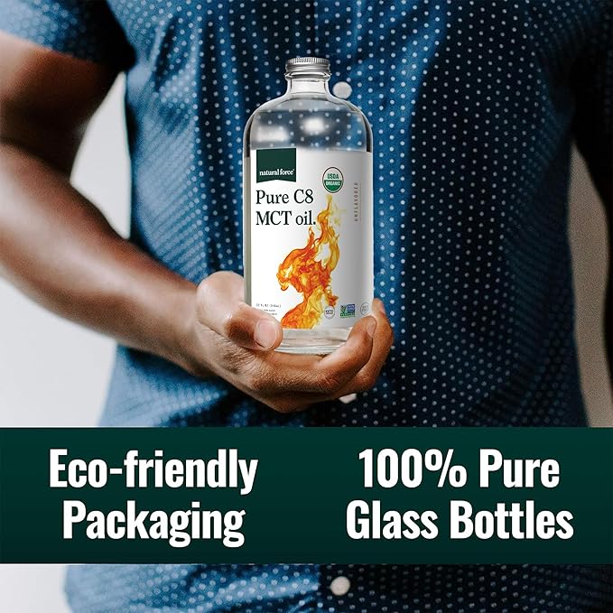 Natural Force Organic Pure C8 MCT Oil – Liquid MCT Oil in Glass Bottle Container – Concentrated Caprylic Acid – Keto Paleo Kosher Vegan &amp Non-GMO – Lab Tested for Quality and Purity 32 Ounce