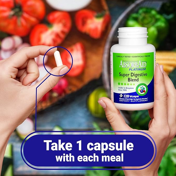 AbsorbAid Platinum Digestive Enzyme Support 120 vCaps 12 Digestive Enzymes Plus 2 Probiotics for Maximum Relief