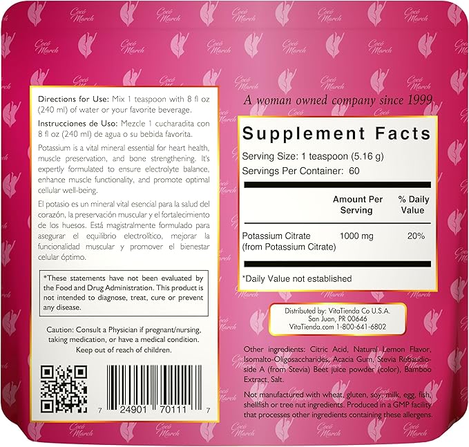 Cocó March N.M.D Pink Potassium Electrolytes Powder – Potassium Supplement for Hydration Muscle Bone &amp Heart Support – Gluten Free Dairy Free Vegan Keto Friendly - Natural Lemon Flavor 10.86
