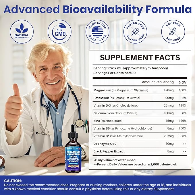 Potassium Magnesium Calcium Zinc Liquid Complex – Chelated Minerals with D3 B6 B12 &amp CoQ10 for Superior Absorption Heart Bone Muscle Sleep &amp Anti-Aging Support 2 Fl Oz(60ml)