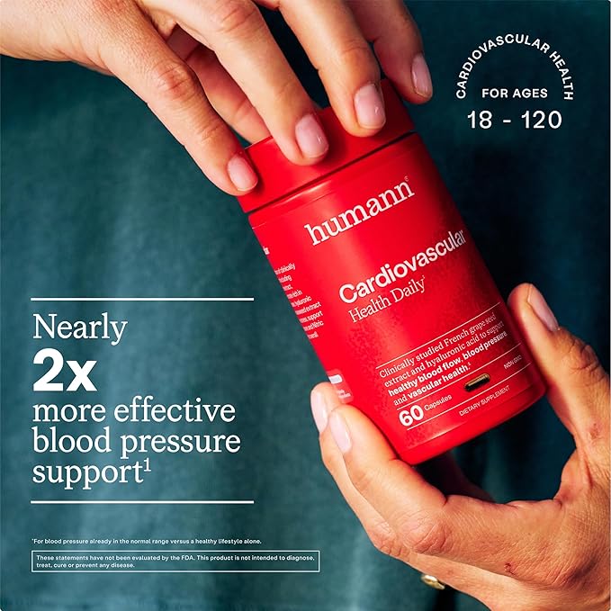 Humann Cardiovascular Health Daily 4-in-1 Vascular &amp Blood Pressure Support Grape Seed Extract Capsules &amp Hyaluronic Acid Circulation Supplements Plant-Based Non-GMO 60 Capsules