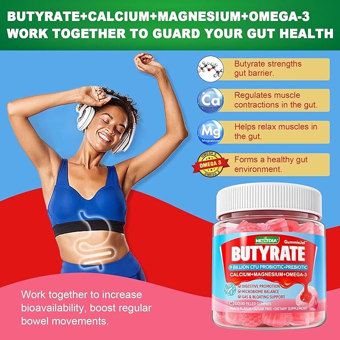 Butyrate Gummies with Probiotic + Prebiotic + Postbiotic Omega-3 500mg9 Billion CFU Probiotics with Fiber Calcium &amp Magnesium InulinPsyllium Husk for Digestive HealthBloating SupportSugar F
