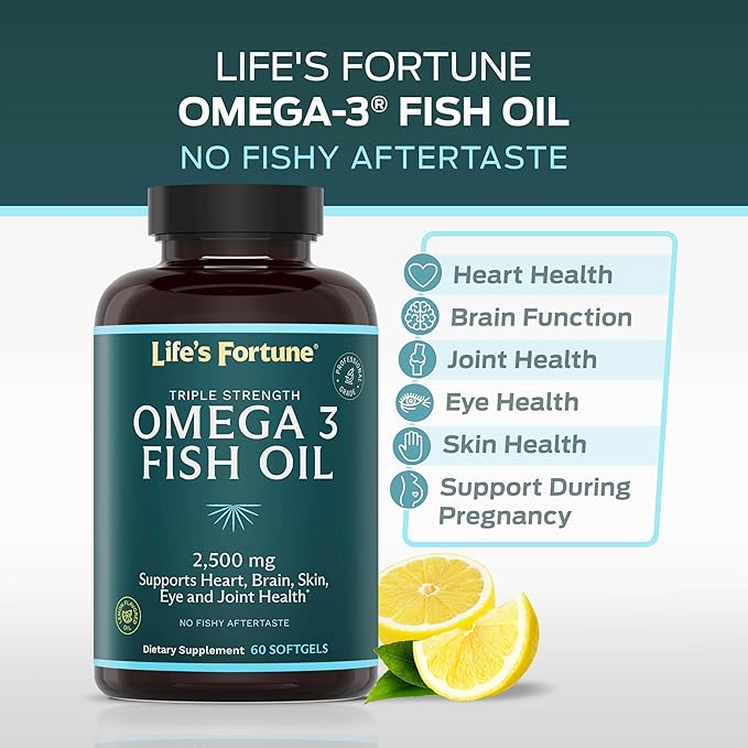 Life's Fortune Fish Oil Omega 3 Concentrate Supplement 2500 mg 60 Softgels High Potency EPA &amp DHA Fatty Acid - Heart Brain Skin Joints - Non GMO