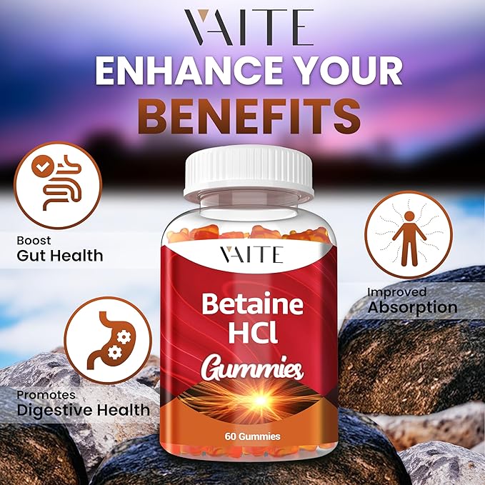 VAITE Betaine HCL Supplement 1000 mg Gummies – Digestive Support – Supports Digestion &amp Nutrient Breakdown – Non-GMO Vegan Gluten-Free – for Adults Seeking Daily Digestive Support – 60 Gummies