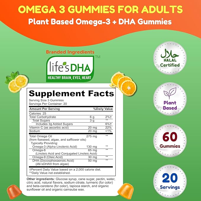 SHIFAA NUTRITION Vegan Omega 3 Gummies for Adults | No Fish Oil Burps | 60 Gummies | Plant Based w/Chia Oil Algae | Omega 3 6 9 w/DHA Vitamin C | for Brain Cardiovascular &amp Immune Support Halal