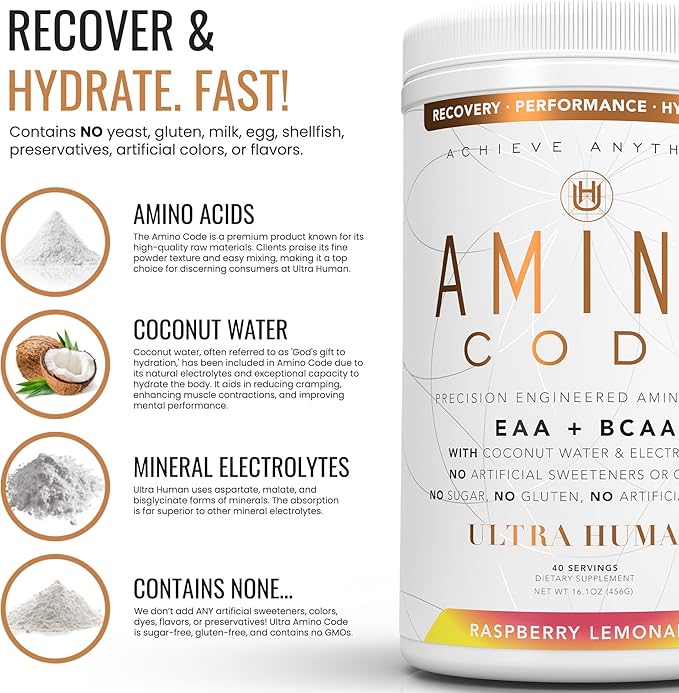 Ultra Human Amino Code | Essential Amino Acids + BCAAs + Coconut Water Electrolytes | Fast Hydration Amino Energy Powder Drink | 40 Servings - Raspberry Lemonade